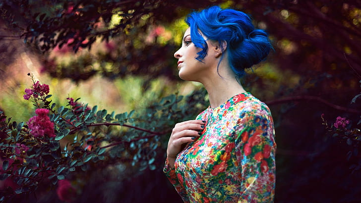 women, model, blue hair, dyed hair, HD wallpaper