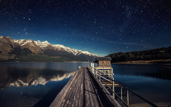 gray wooden dock, moonlight, lake, water, night, star - space