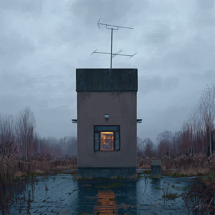 black and gray concrete building, Simon Stålenhag, artwork, water
