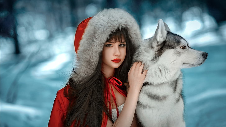 women, hoods, depth of field, red lipstick, portrait, Siberian Husky