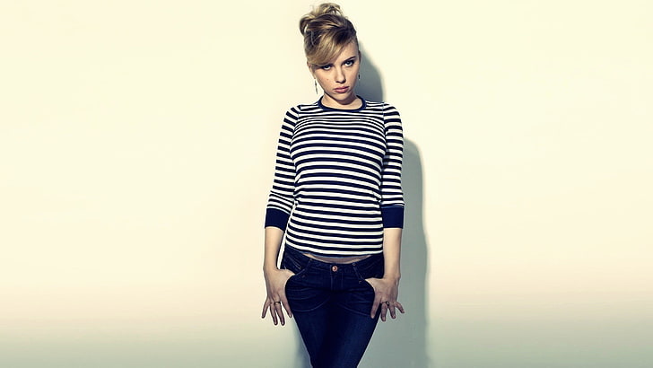 Scarlett Johanson, Scarlett Johansson, women, striped sweaters, HD wallpaper