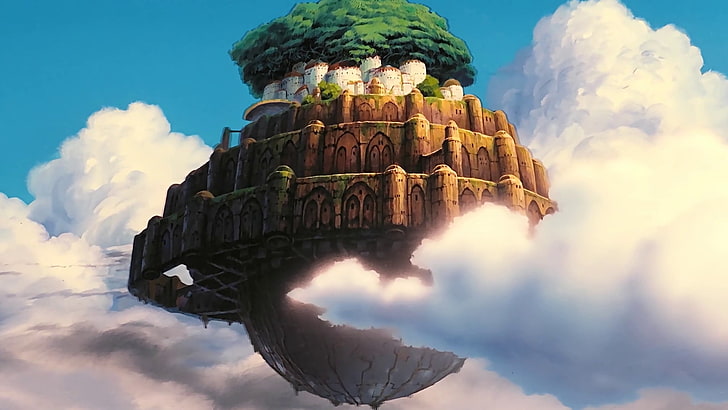 brown and green floating island illustration, Studio Ghibli, anime