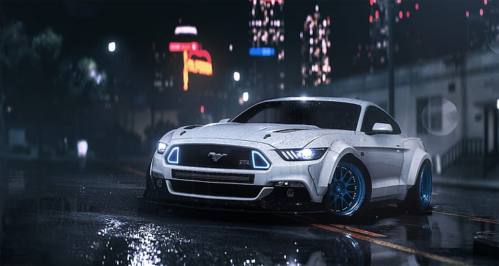 Mustang, Ford, Car, Front, Night, RTR, Rain, 2016, Musle
