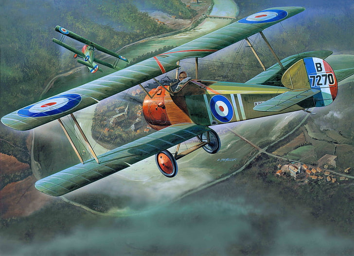 painting of in flight biplane, the plane, fighter, art, British