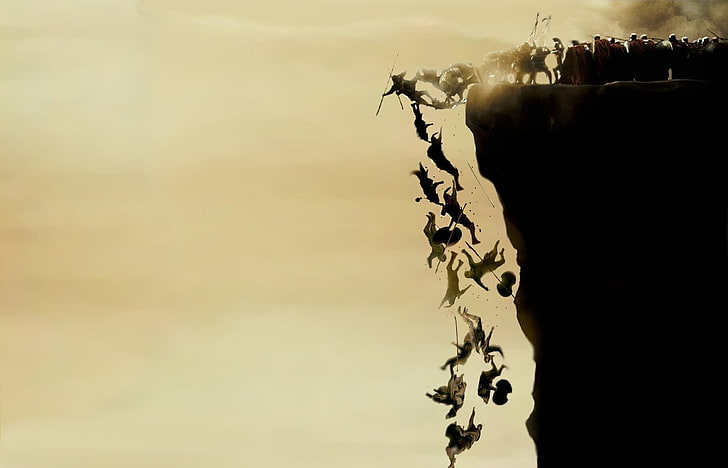 soldiers falling on cliff illustration, Movie, 300, 300 (Movie)