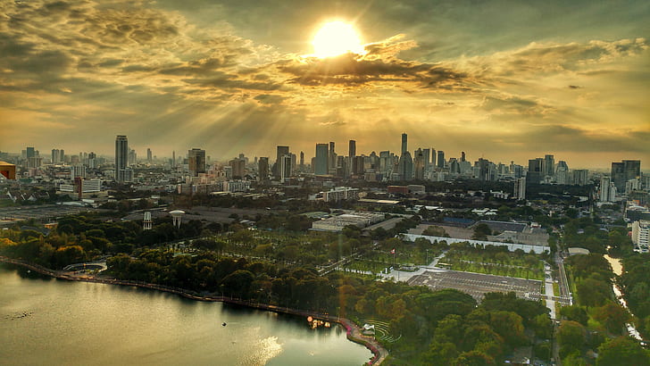 aerial view of city buildings during yellow sunset, bangkok, bangkok, HD wallpaper