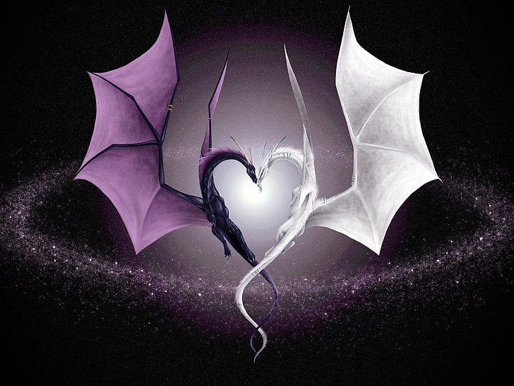 black and white dragon illustration, artwork, fantasy art, heart shape