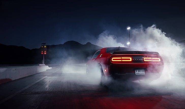 red Dodge Challenger, Muscle, Car, Smoke, Hellcat, Drag, Rear