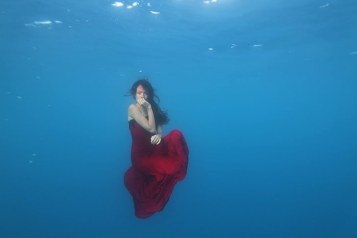 mermaids, red dress, underwater, women, fantasy girl, one person, HD wallpaper