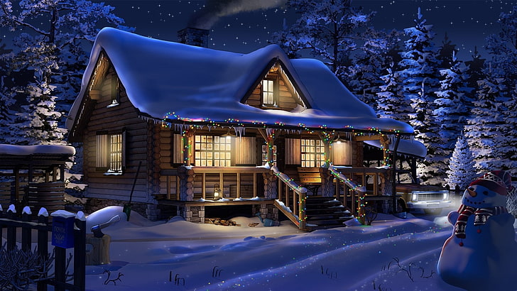Artistic, Winter, Cabin, Christmas Lights, Night, Snow, Snowman