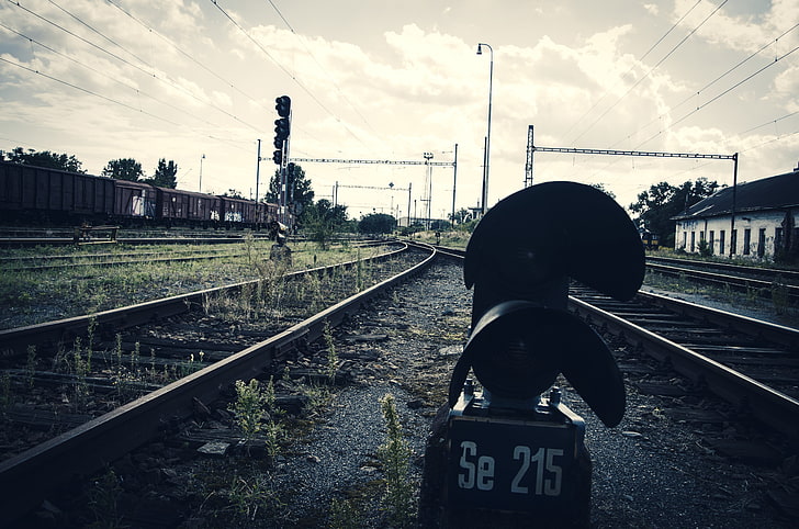 train, train station, old, rust, rail yard, ground, clouds