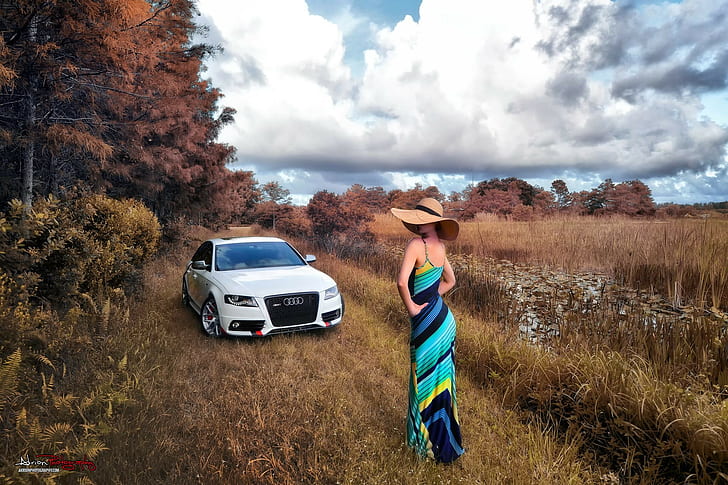 car, women, women with cars, covered face, women outdoors, Audi RS4