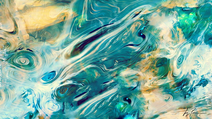 blue, teal, and green abstract painting, artwork, spiral, water, HD wallpaper