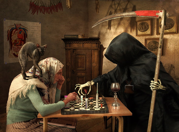 woman and Grim Reaper playing chess wallpaper, artwork, cat, old people