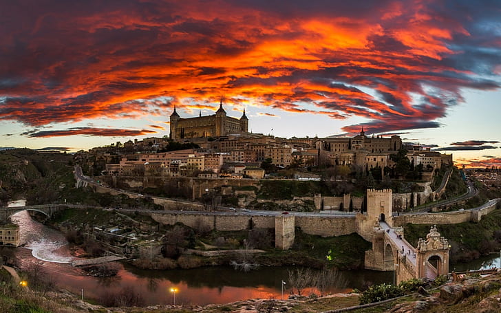 Toledo Spain, landscape, sky, night, river, castle, HD wallpaper