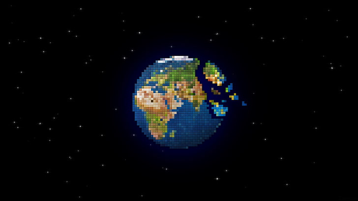 pixel, digital art, graphics, universe, earth, globe, night, HD wallpaper