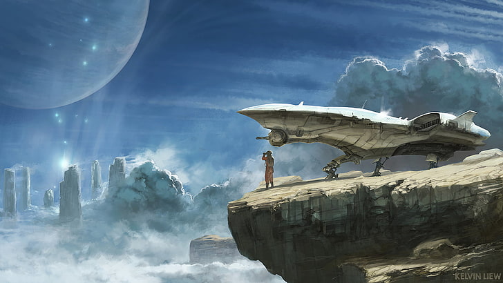 man standing on hill near spaceship digital wallpaper, explorer