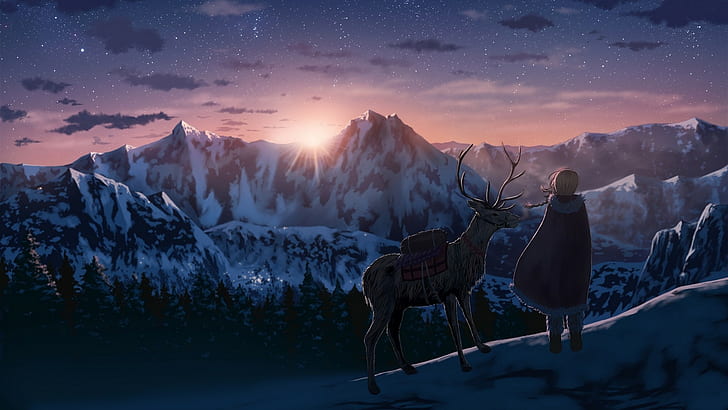 snow, anime girls, deer, mountains, winter, sunset, HD wallpaper
