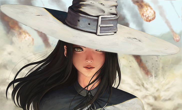 long-haired female character with hat, yellow eyes, black hair
