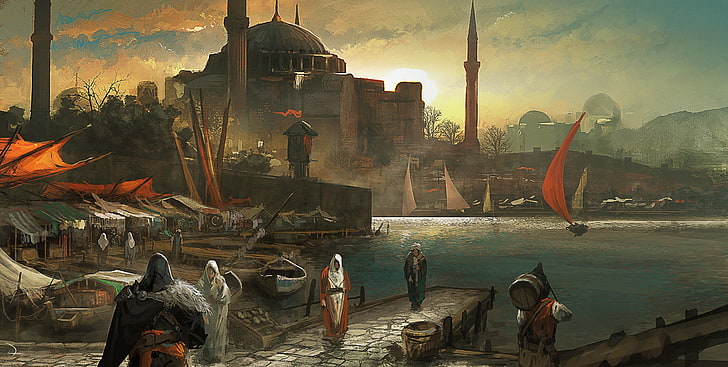people standing near body of water digital wallpaper, Assassin's Creed: Revelations