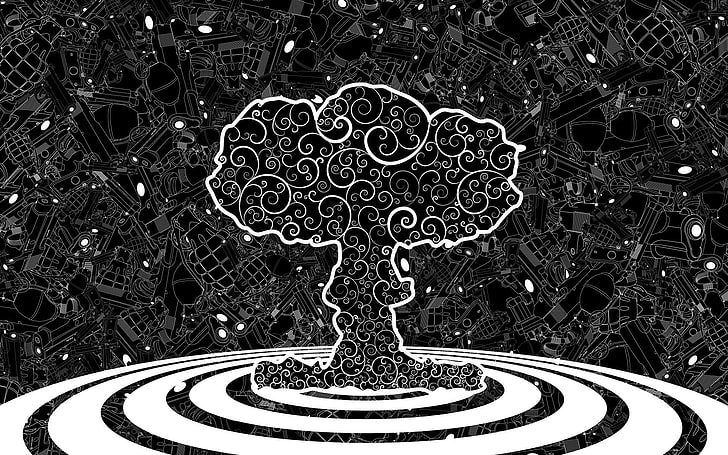 black and white tree vector art, mushroom clouds, trees, gun