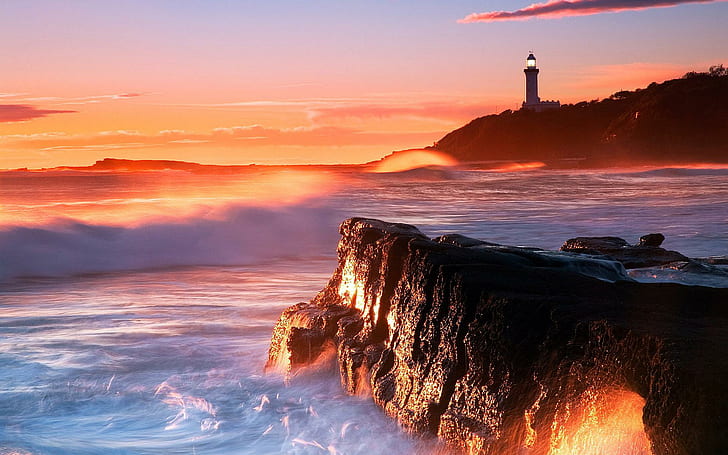Coast Lighthouse Sunset, beach, nature, HD wallpaper