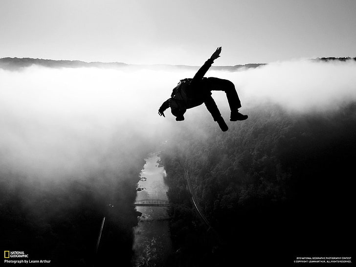 jumping, clouds, monochrome, landscape, one person, sport, nature, HD wallpaper
