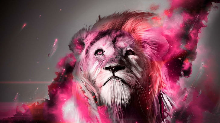 lion, red flame, pink, fantasy, digital art, HD wallpaper