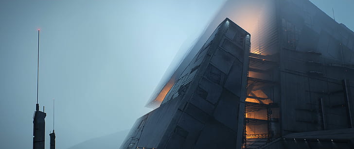 digital art, building, facade, lights, mist, Unreal Engine 4