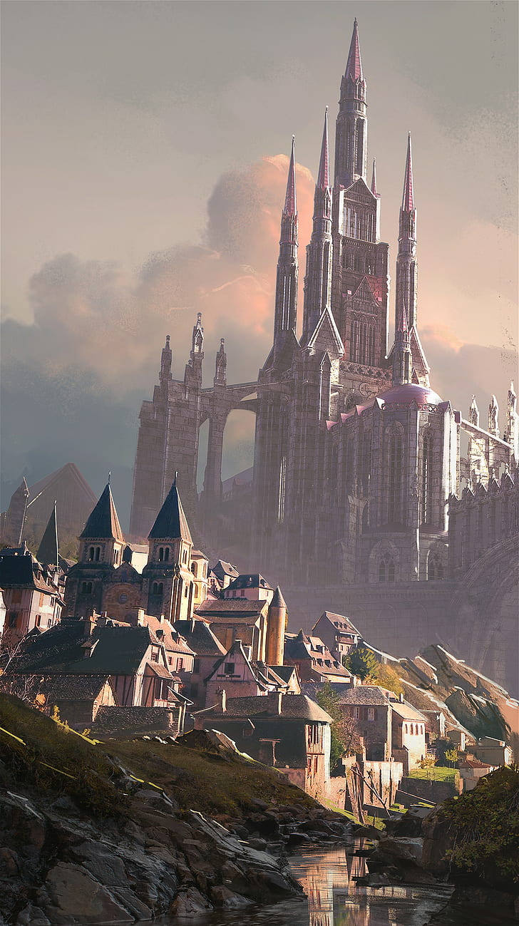 HD wallpaper: digital, village, castle, clouds, medieval, fantasy art |  Wallpaper Flare