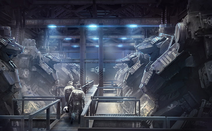 game application wallpaper, futuristic, mech, indoors, factory