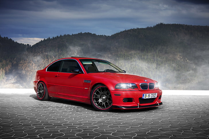 red BMW E46 coupe, forest, mountains, fog, pavers, BBS, car, land Vehicle