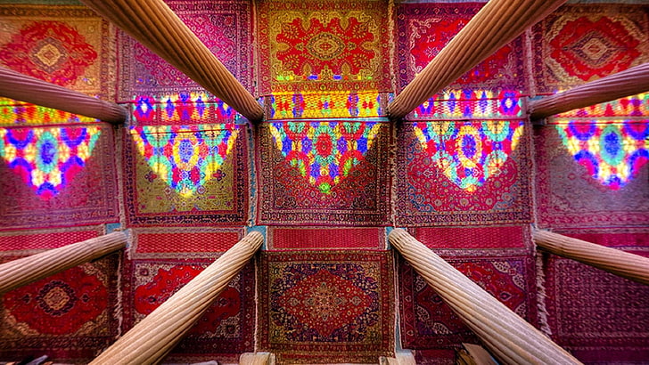 iran, shiraz, carpet, colors, column, lights, pillar, colored light, HD wallpaper
