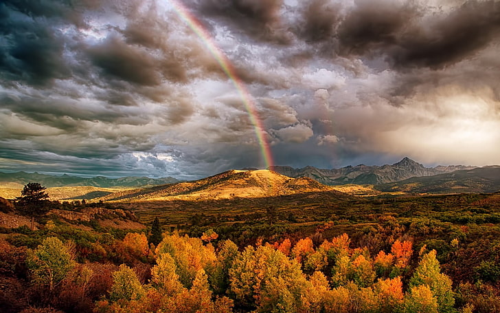brown and white concrete house, nature, landscape, rainbows, mountains, HD wallpaper