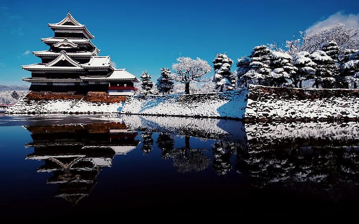 building, Matsumoto Castle, Nagano, Japan, winter, reflection, HD wallpaper