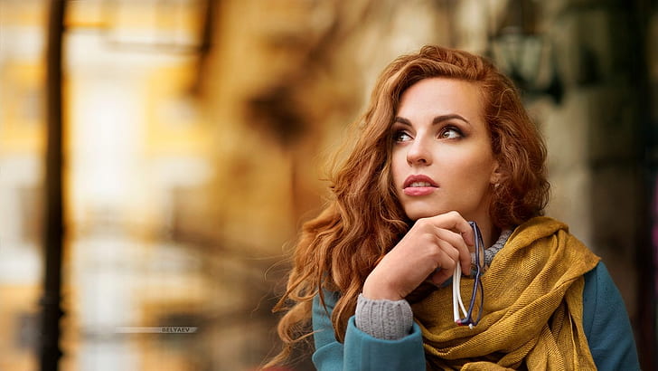 Dmitry Belyaev, women, redhead, long hair, wavy hair, looking away, HD wallpaper