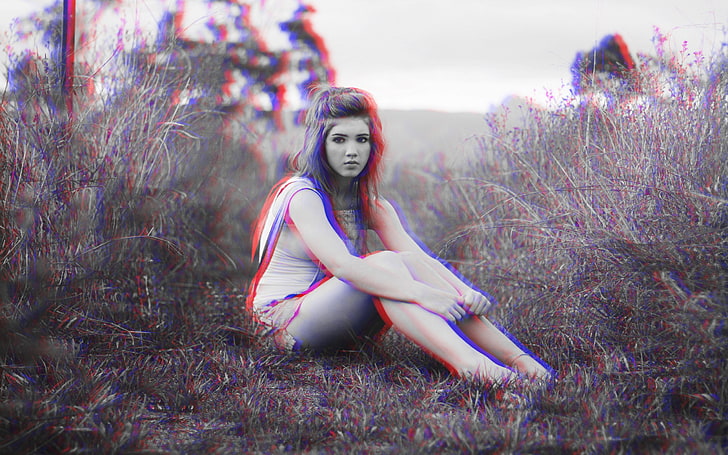 anaglyph 3D, women, women outdoors, sitting, monochrome, one person