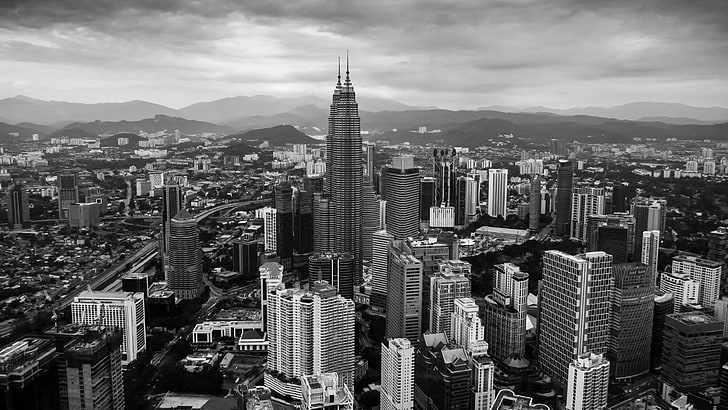 grayscale photo of cityscape, Kuala Lumpur, building exterior, HD wallpaper