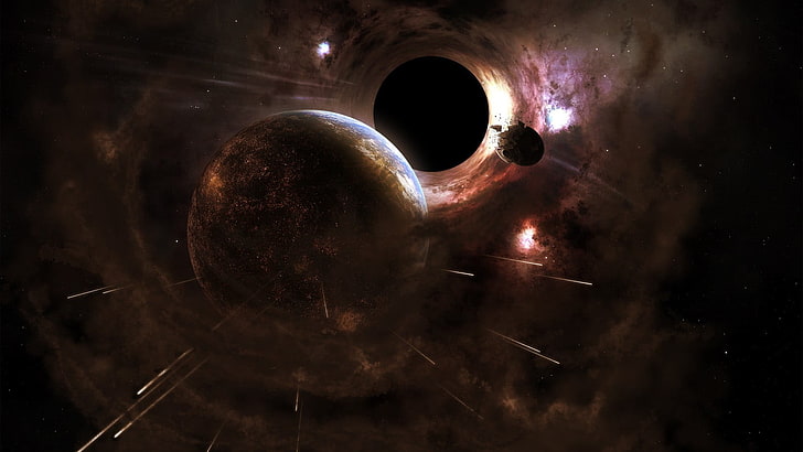 several planets graphic wallpaper, space, black holes, disintegration