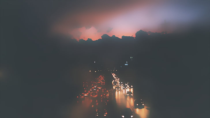 untitled, photography, urban, road, mist, traffic, sky, illuminated, HD wallpaper