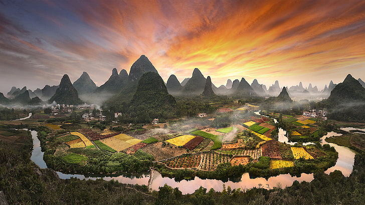 Village Zhouzhai China Photo Landscape Sunset Flaming Sky Desktop Hd Wallpapers For Mobile Phones And Computer 3840×2160, HD wallpaper