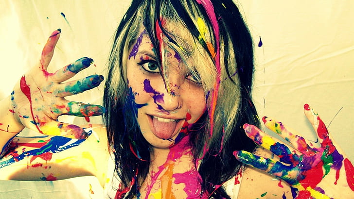 women, paint splatter, tongues