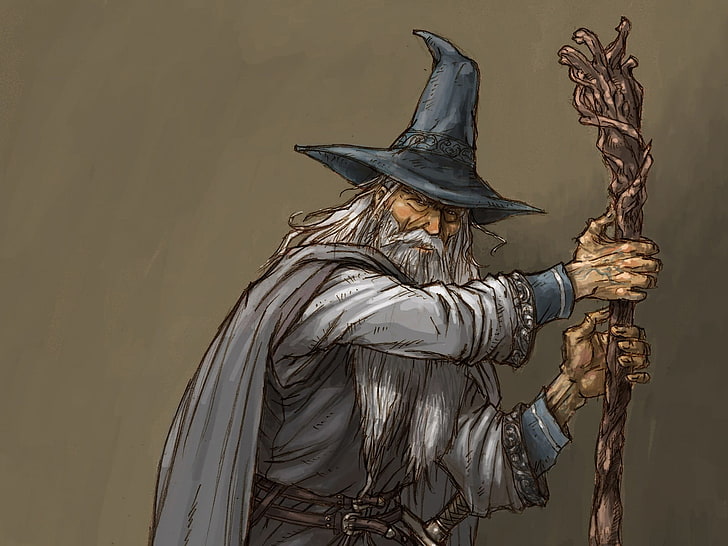 wizard holding cane illustration, Gandalf, artwork, The Lord of the Rings