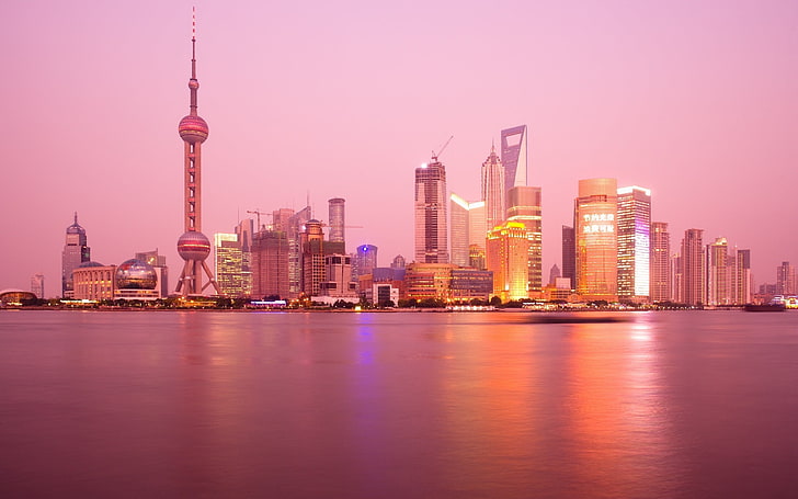 gray skyscraper, reflection, building, China, Shanghai, building exterior, HD wallpaper