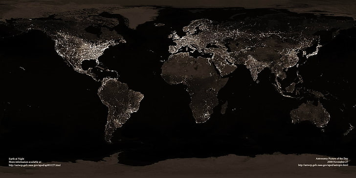 world map illustration, night, lights, earth, continents, countries