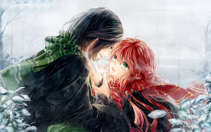 man about to kiss red haired woman cartoon character, girl, anime, HD wallpaper
