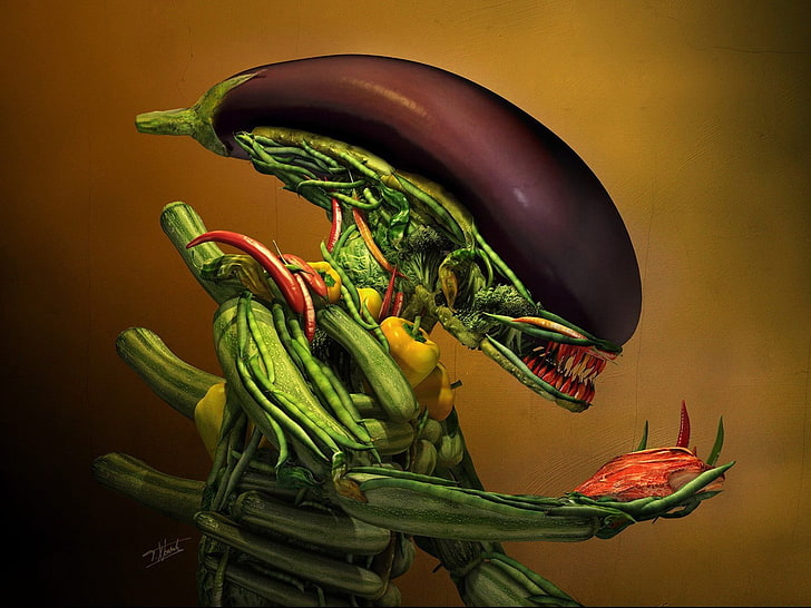 Predator illustration, Alien (movie), aliens, humor, vegetables