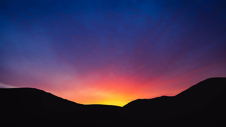 silhouette photo of mountain, land, scape, colours, sunset, down