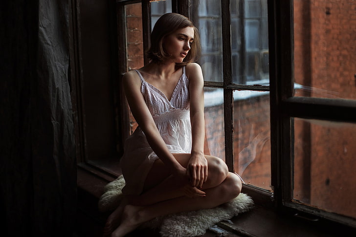 women, white clothing, brunette, window, Evgeniy Reshetov, one person, HD wallpaper