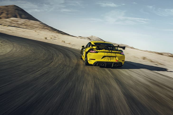 coupe, speed, Porsche, turn, Cayman, 718, 2019, black-yellow, HD wallpaper